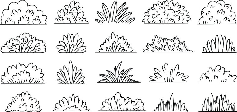 A collection of various hand drawn shrub and bush shapes in a simple monochrome style
