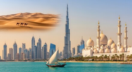Fototapeta premium Dubai and Abu Dhabi Landmarks: Burj Khalifa Skyline, Sheikh Zayed Grand Mosque, and Desert Camel Trek in UAE