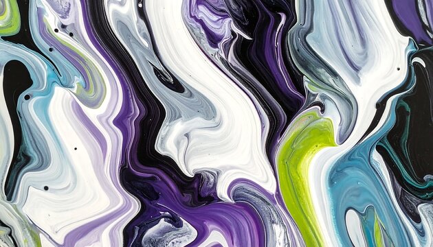 Abstract fluid art with swirling white, purple, blue, green and black paints creates a marbled, organic pattern