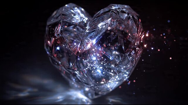 Crystal Heart with Glowing Particles on Dark Background