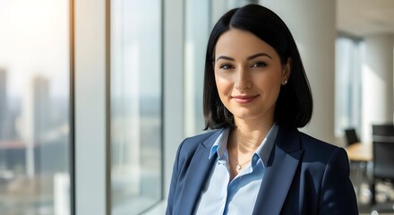 Fototapeta premium Professional woman in blazer smiles in modern office near window
