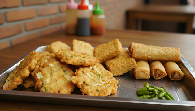 Indonesian gorengan variety including bakwan, tahu isi, and spring rolls