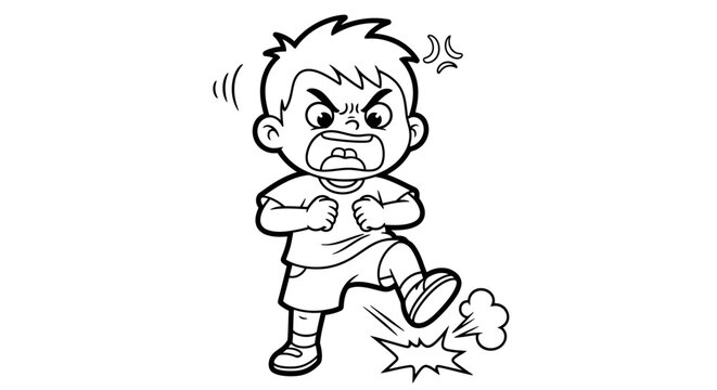 Angry Cartoon Boy Kicking with Fists Clenched.