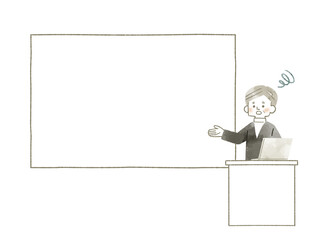 困った表情でスクリーンやホワイトボードを使って説明をする男性-水彩