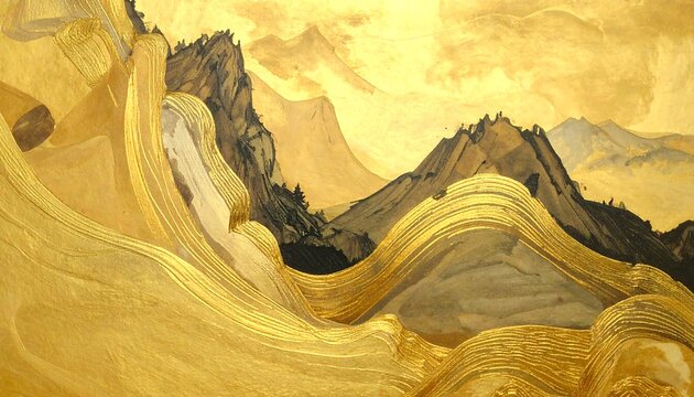 Abstract landscape art with golden, layered textures contrasted by rugged, dark mountain peaks under a bright sky