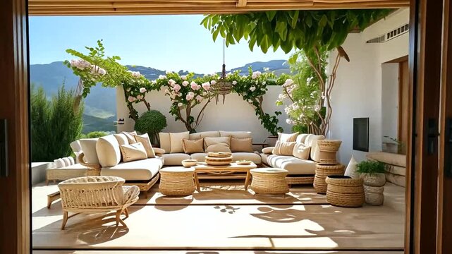 Idyllic outdoor patio with comfortable seating and lush greenery, perfect for relaxation and entertaining