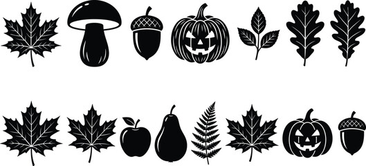 Autumn Harvest Silhouette Set with Leaves, Pumpkin, Acorn and Mushroom, Black Halloween Fall Icons Collection Isolated on White Background © ab