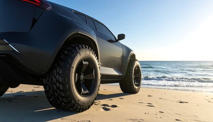 A matte black SUV parked on a sandy beach by the ocean