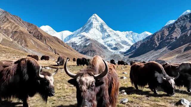 A large herd of yaks grazing in a valley with a snowy peak.