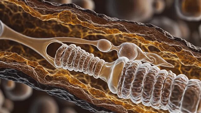Microscopic View of Fungal Hyphae with Conidiophores and Conidia in Warm Tones