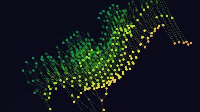 Abstract neon green and yellow dotted wave design with digital particles on dark background.