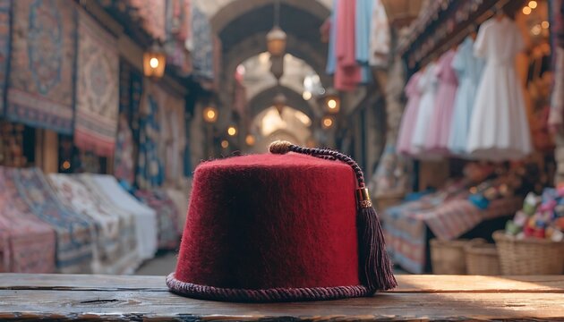 Vibrant Red Fez Hat on Wooden Table