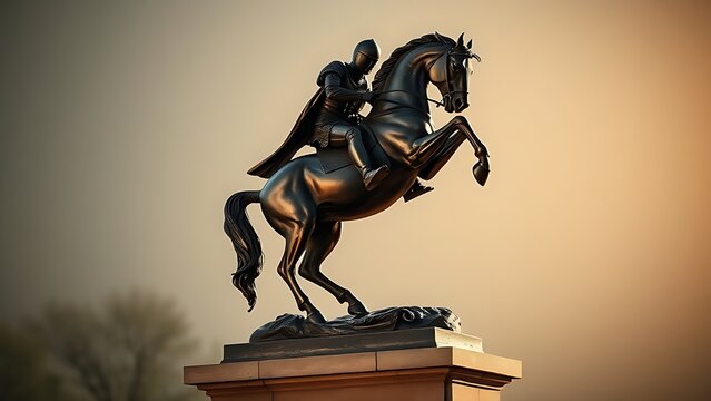 dismounting. Bronze knight statue dismounting horse on stone pedestal, dramatic lighting. event programs, museum guides, designed for cultural heritage projects and event programs, used by chefs.

