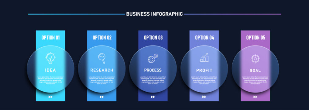 Modern business infographic template featuring a 5 step workflow layout with glassmorphism style elements. Designed with blue and purple gradient panels, circular glass shapes, and a dark background