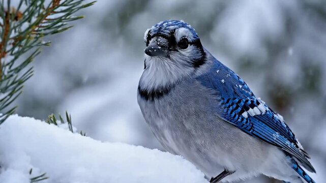 Close-up cinematic footage of a Blue Jay perched on a snow-covered pine branch during winter. Fine feather details visible as light snow falls in a calm forest environment