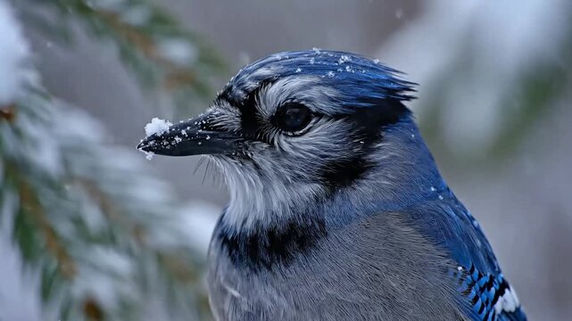 Close view of a blue jay resting on a frosted pine branch in a quiet winter forest. Snowflakes drift slowly while the bird remains alert, showing vivid plumage and seasonal detail