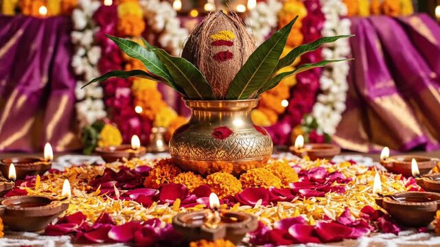Cheti Chand Sacred Pot Arrangement with Mango Leaves Coconut and Flower Petals. 
