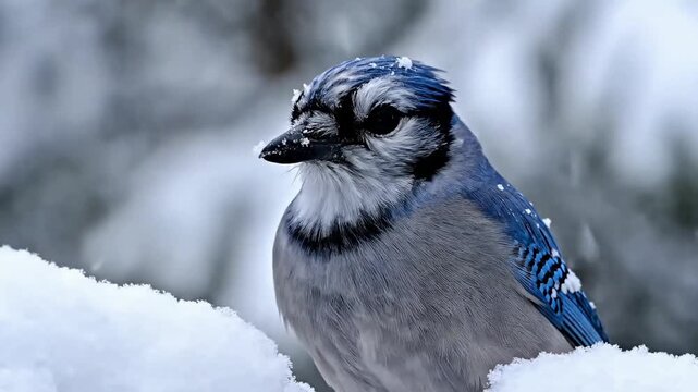Winter scene featuring a blue jay calmly perched on a snow-covered pine branch. Subtle motion and falling snow create peaceful atmosphere ideal for seasonal and wildlife themes
