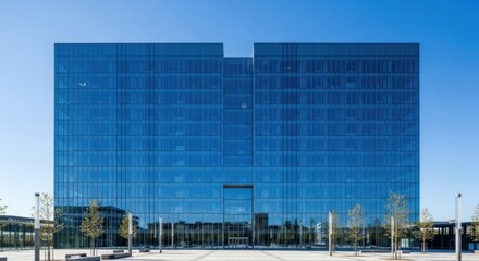 A modern glass office building with a blue sky in the background.