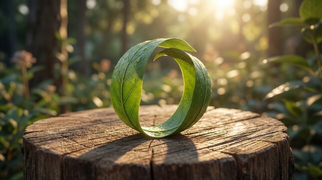 Green leaf forming a circular infinity symbol on a tree stump in a sunlit forest representing sustainability.