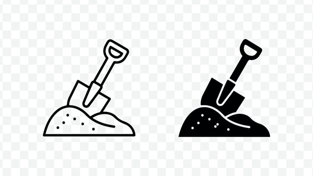 Shovel digging icon set. Includes garden, excavation, construction, and landscaping tools. Created in line style with black and white palette isolated on Transparent Background