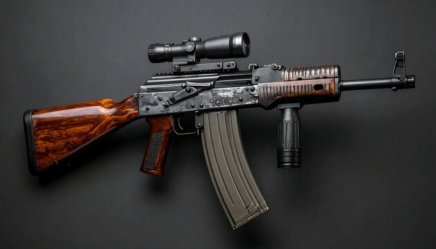 An aged rifle with a wooden stock and foregrip is set on a dark background, with a scope mounted on top