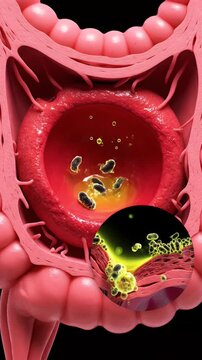 Microscopic view of intestinal bacteria and colon anatomy showing inflammation and infection detailed 3d render