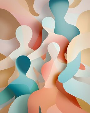 Vertical abstract illustration of diverse people connected in harmony, modern community, inclusion and teamwork concept for branding, leadership and social support themes.