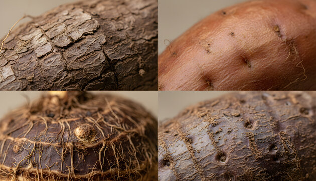 Root vegetable skin textures collage showing yam and cassava