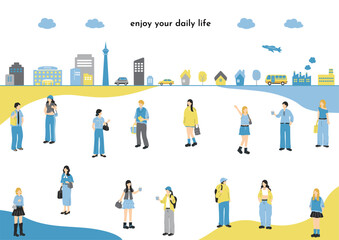 おしゃれな若者と町並み