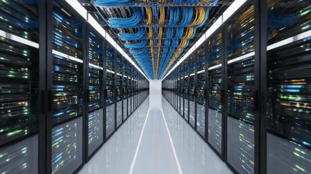 Rows of illuminated servers with organized blue and yellow cables overhead