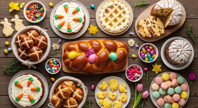 Various Easter desserts and candies on a wooden table.