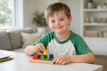 Smiling Boy Playing with Educational Toys Early Learning Concept