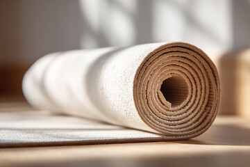 Rolled exercise mat with soft texture in natural light
