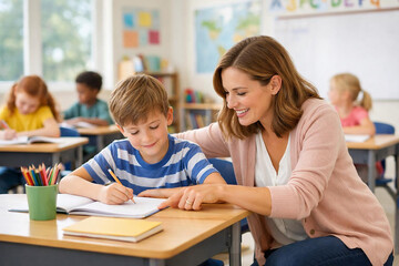 Teacher Helping Student Writing Classroom Education