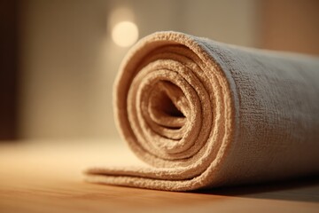 Close up view of rolled soft towel on wooden surface highlighting texture and warm lighting