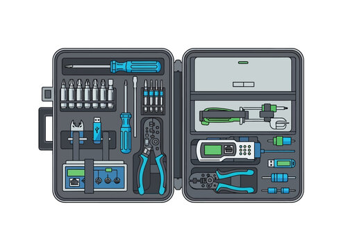 An open toolbox containing various tools and equipment organized in a compact case viewed from directly above