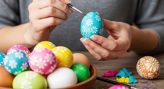 A person painting Easter eggs with a blue and white pattern on a wooden table.