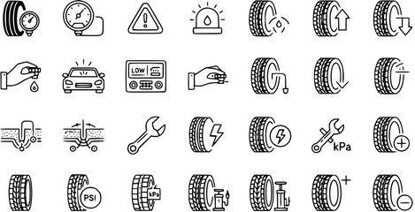 Automotive Tire Care and Service Line Icons Set: Pressure, Repair, and Warning Symbols © pixraw