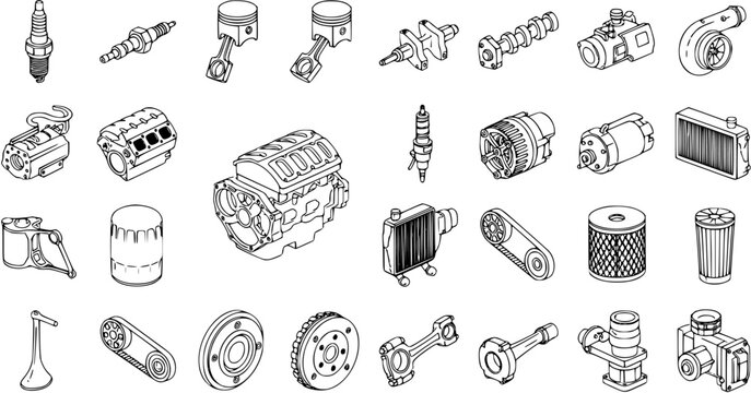 Detailed Isometric Line Art Collection of Car Parts and Engine Components. Automotive Vehicle Repair, Service, and Maintenance Spare Parts Illustrations Set.