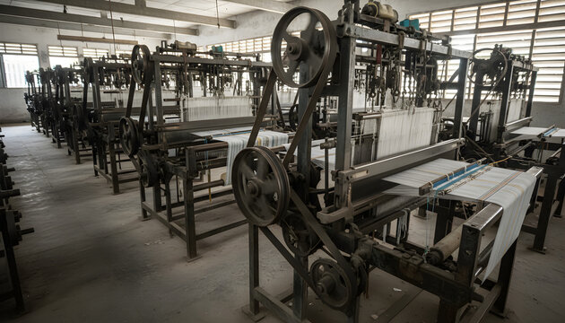Row of vintage textile looms weaving fabric in factory