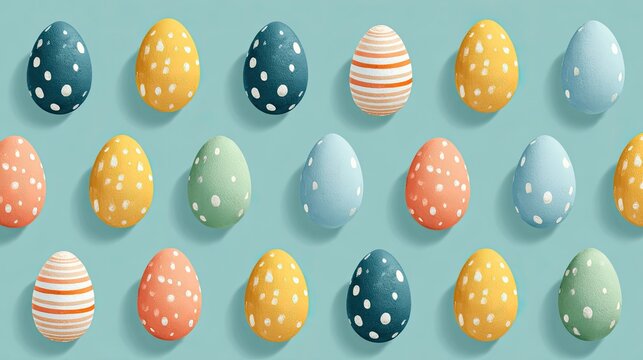 A colorful pattern of Easter eggs on a blue background.