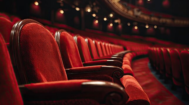 Empty red theater seats in a dimly lit auditorium.