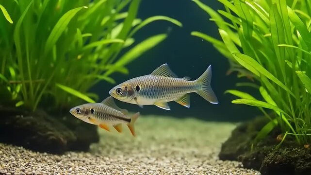 Fish Swimming in Aquarium with Green Plants.