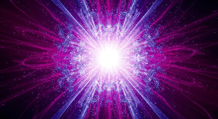 Obraz premium purple and magenta light bursts from a brilliant white core surrounded by intricate energy particles illustrating abstract cosmic power and spiritual awakening.