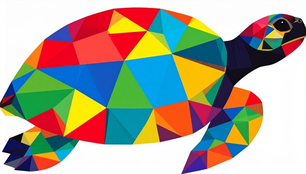 Vibrant colorful turtle graphic with geometric shapes and bright colors