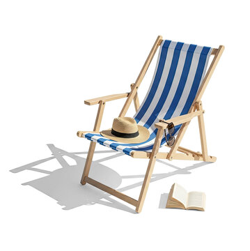 A blue and white striped deck chair with a straw hat and a book on a png transparent