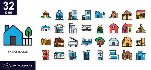 Type of houses line color icon set