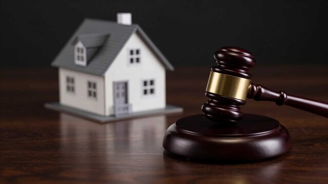 Miniature house with judge gavel representing property foreclosure legal dispute