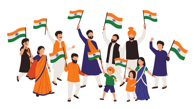 Illustration of a diverse group of people waving Indian flags in celebration on a white background with vibrant orange, green, and white colors.